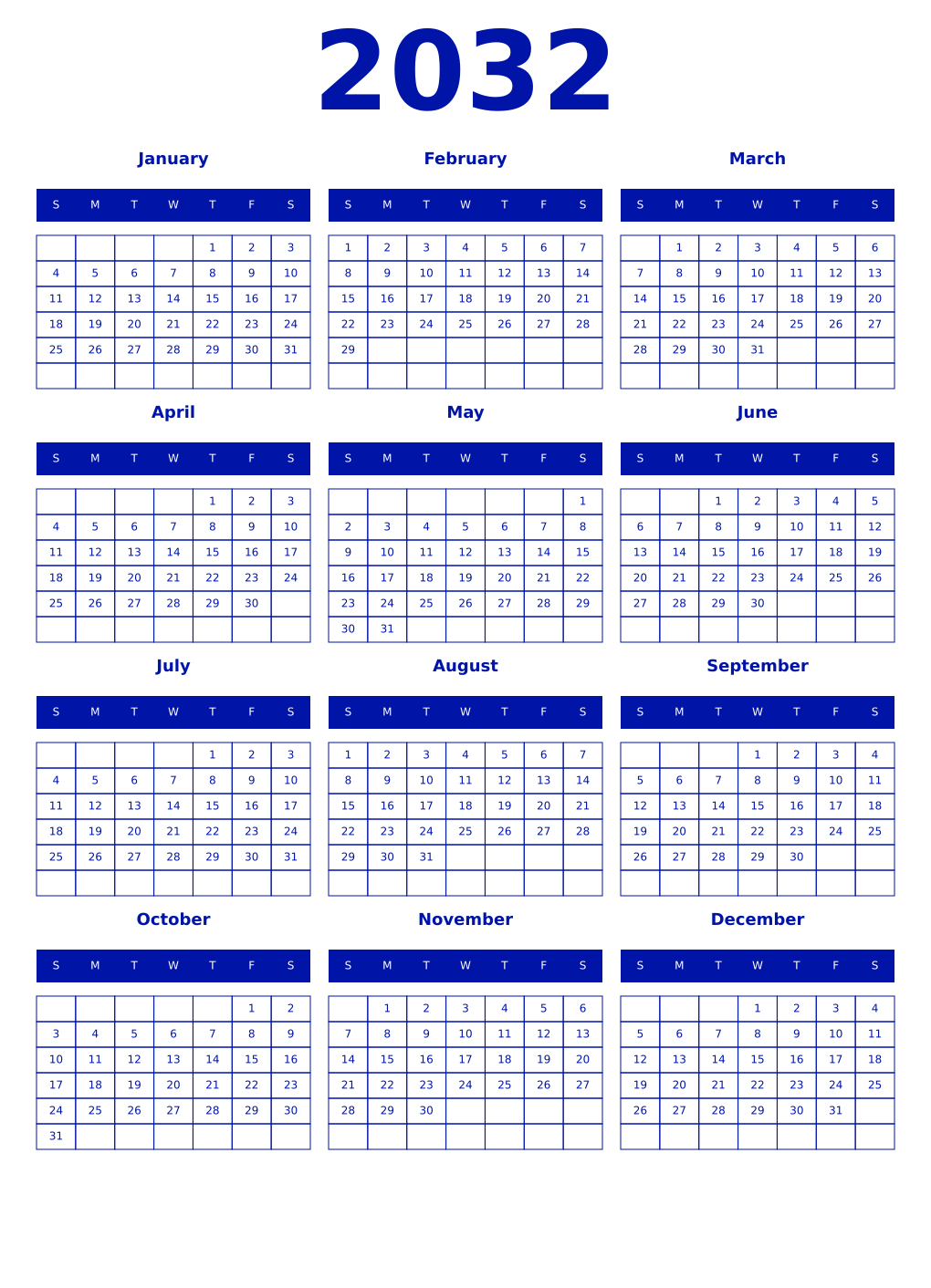 Printable 2032 Year Calendars zaffre