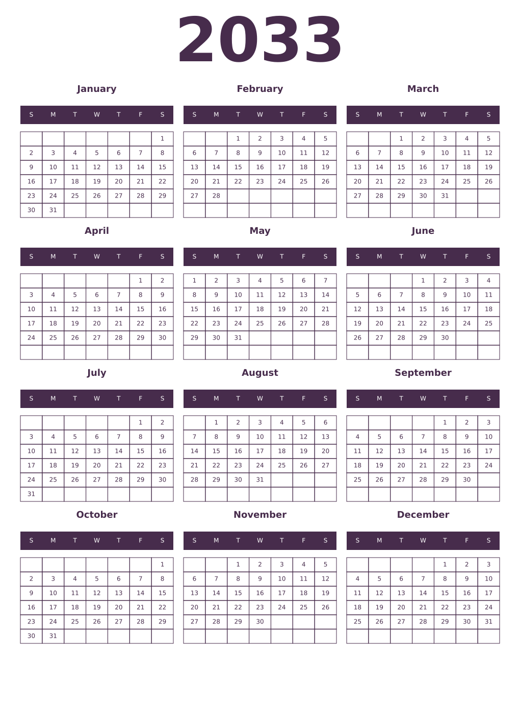 Printable 2033 Year Calendars aubergine