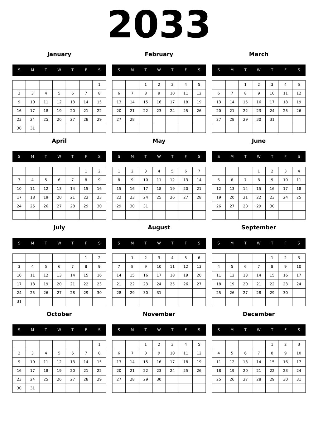 Printable 2033 Year Calendars black