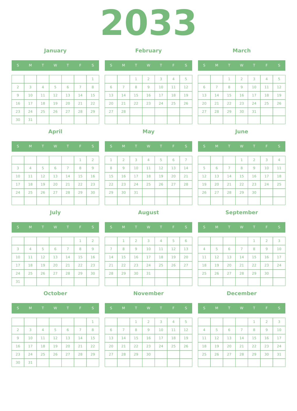 Printable 2033 Year Calendars celadon