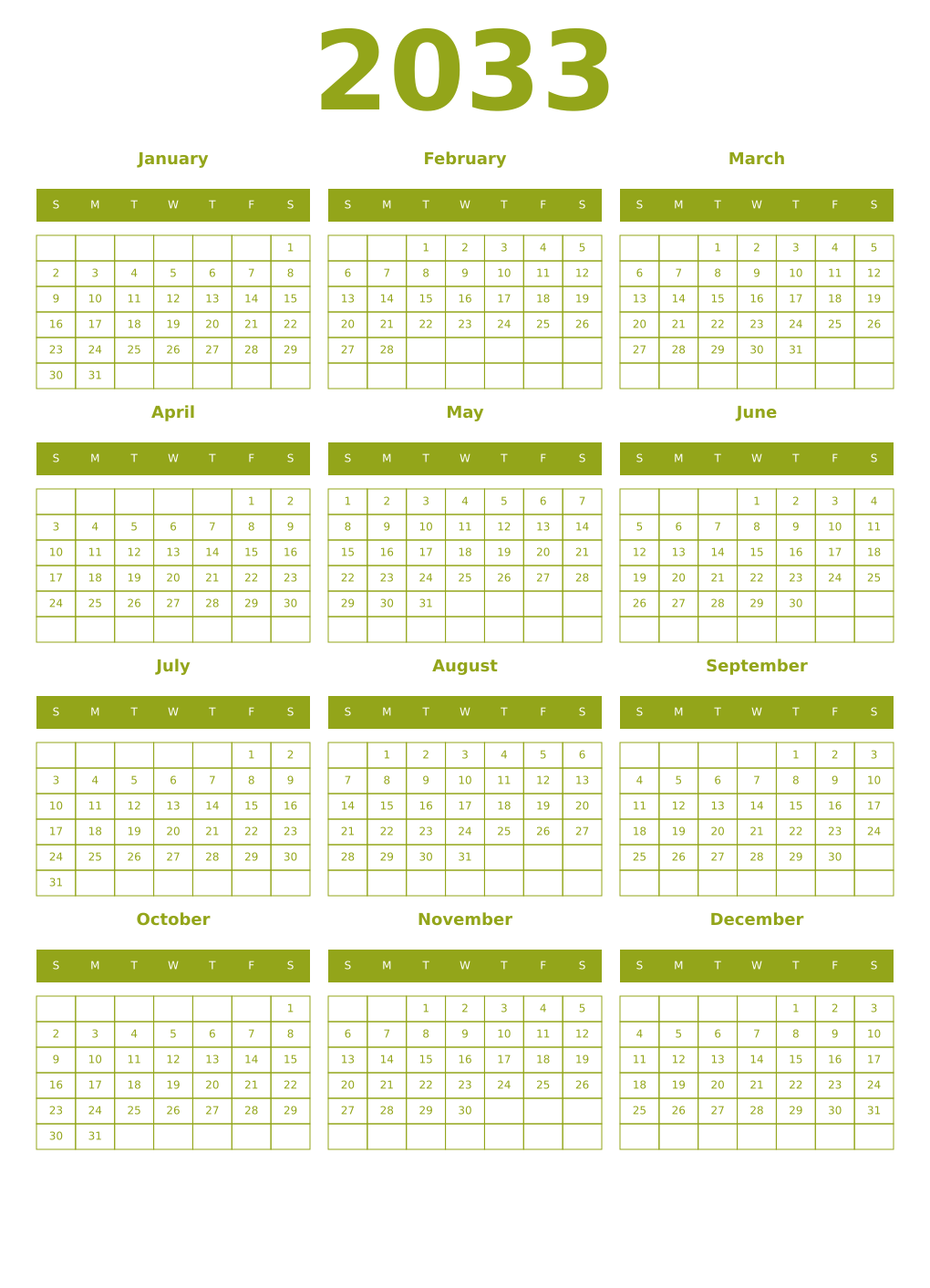 Printable 2033 Year Calendars chartreuse