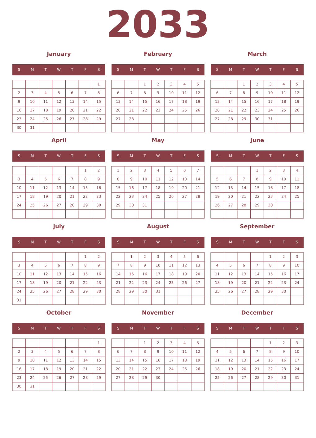 Printable 2033 Year Calendars cordovan