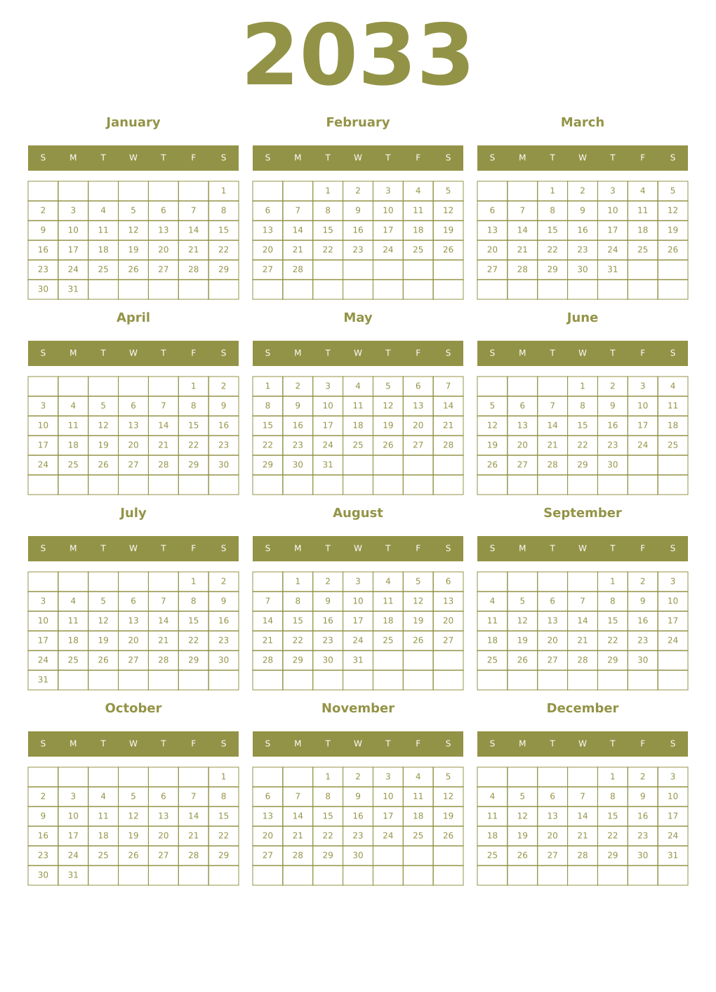 Printable 2033 Year Calendars eburnean