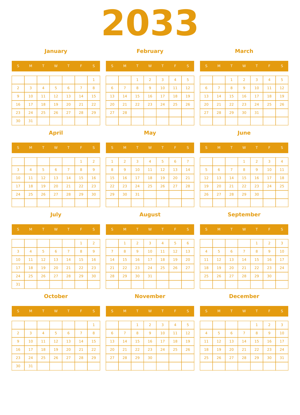 Printable 2033 Year Calendars gamboge