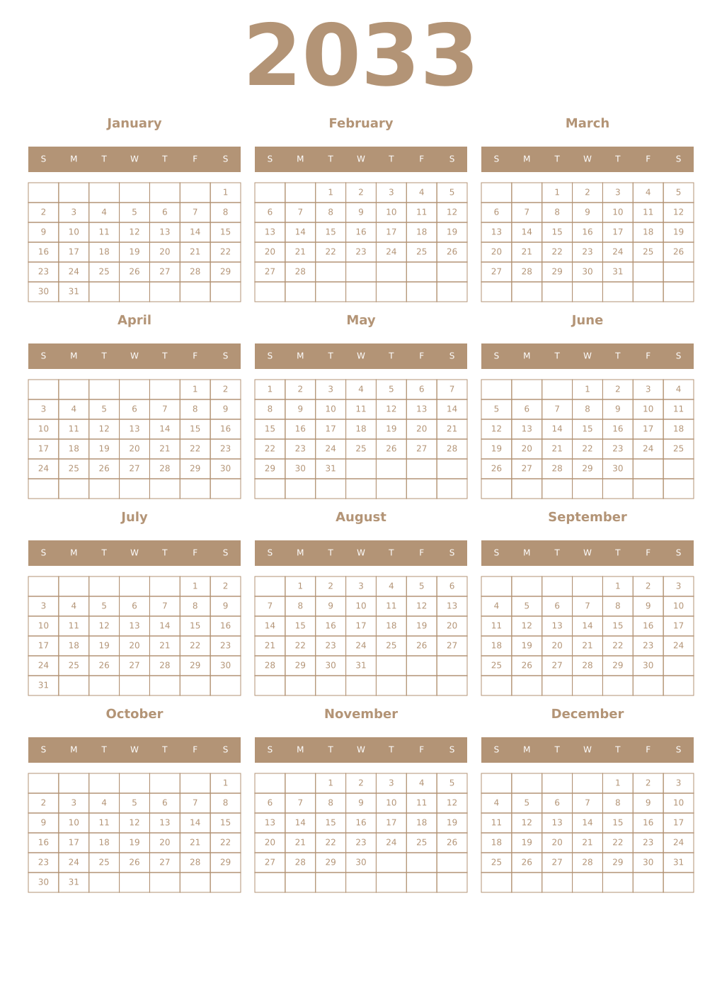 Printable 2033 Year Calendars isabelline