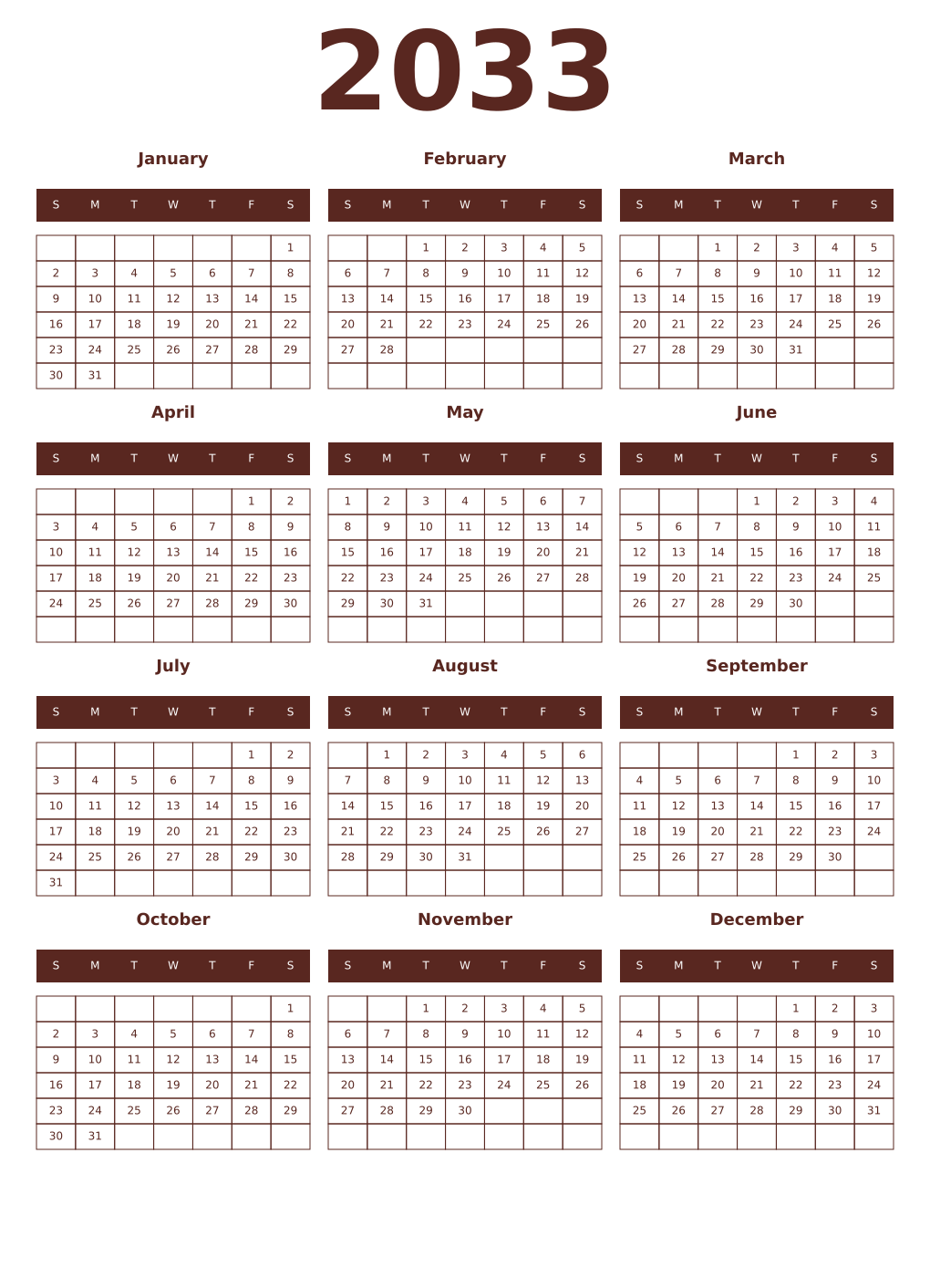 Printable 2033 Year Calendars mortuum