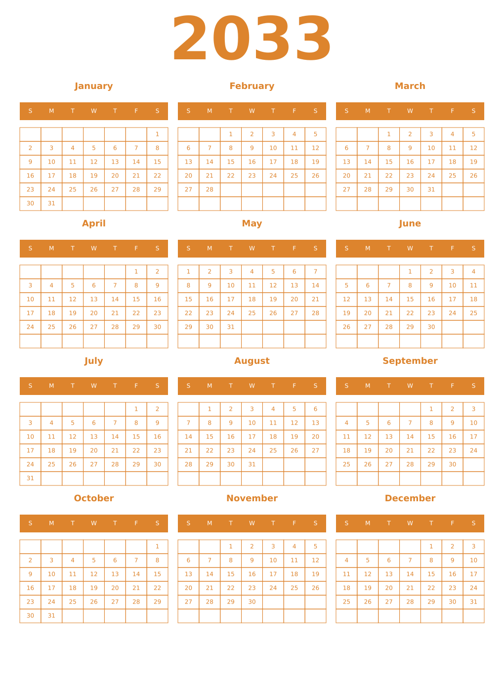 Printable 2033 Year Calendars orange