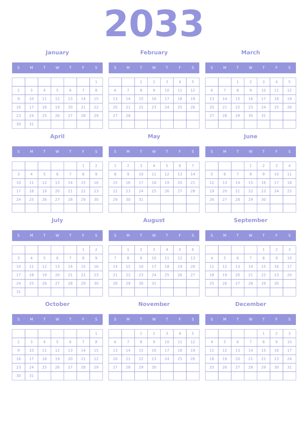 Printable 2033 Year Calendars periwinkle