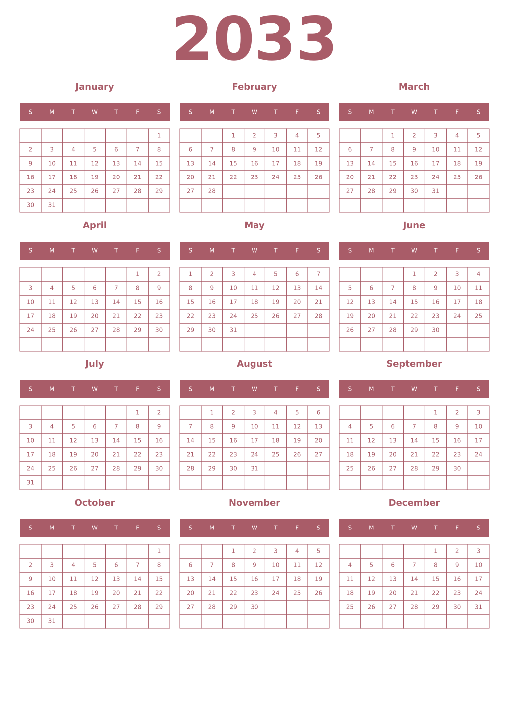 Printable 2033 Year Calendars puce
