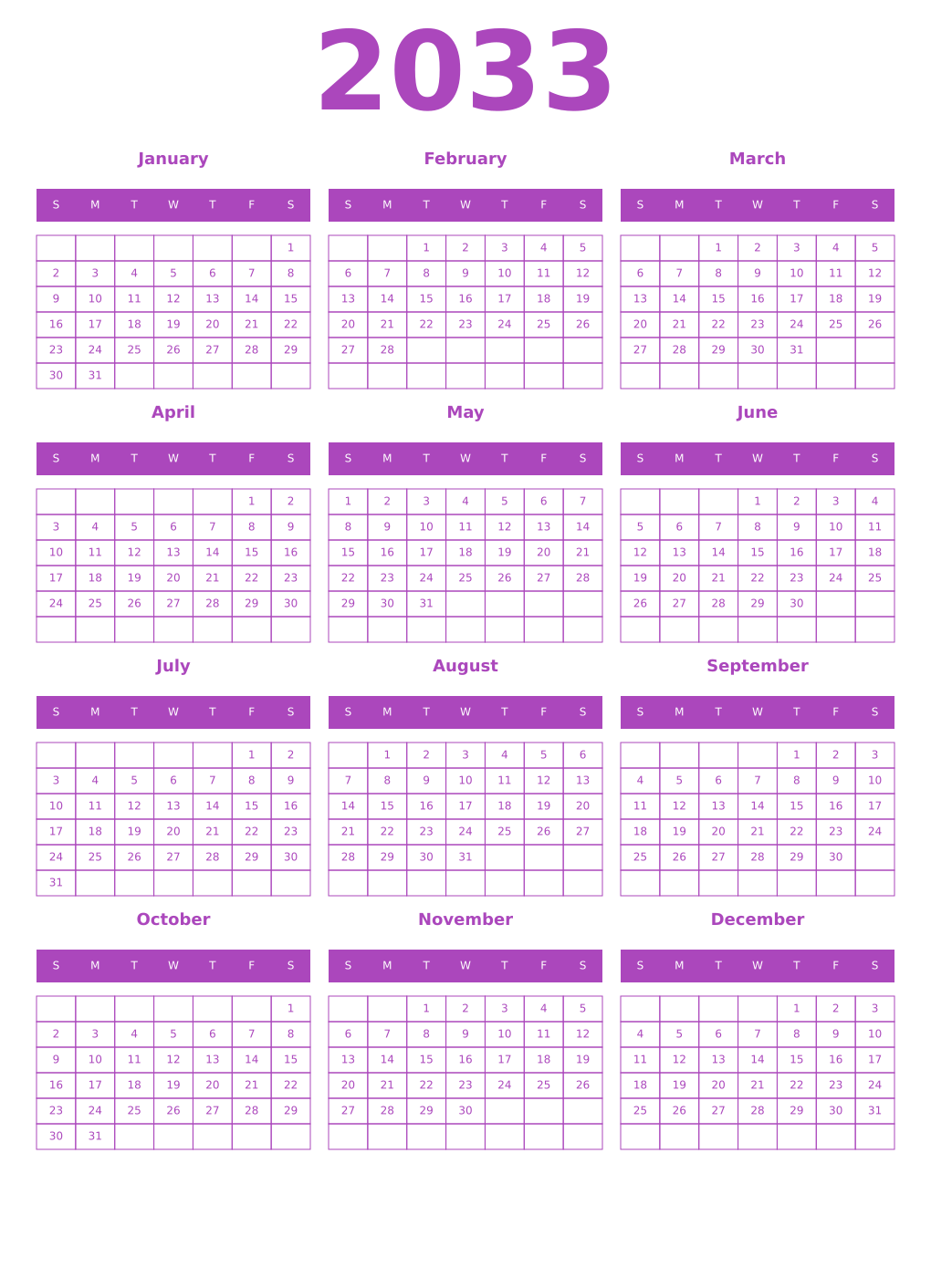 Printable 2033 Year Calendars purple