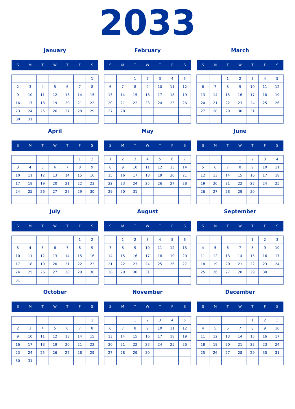 Printable 2033 Year Calendars smalt