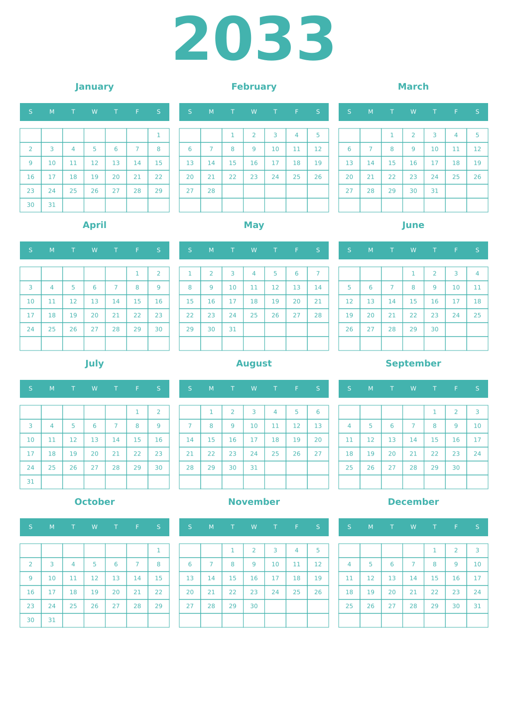 Printable 2033 Year Calendars verdigris