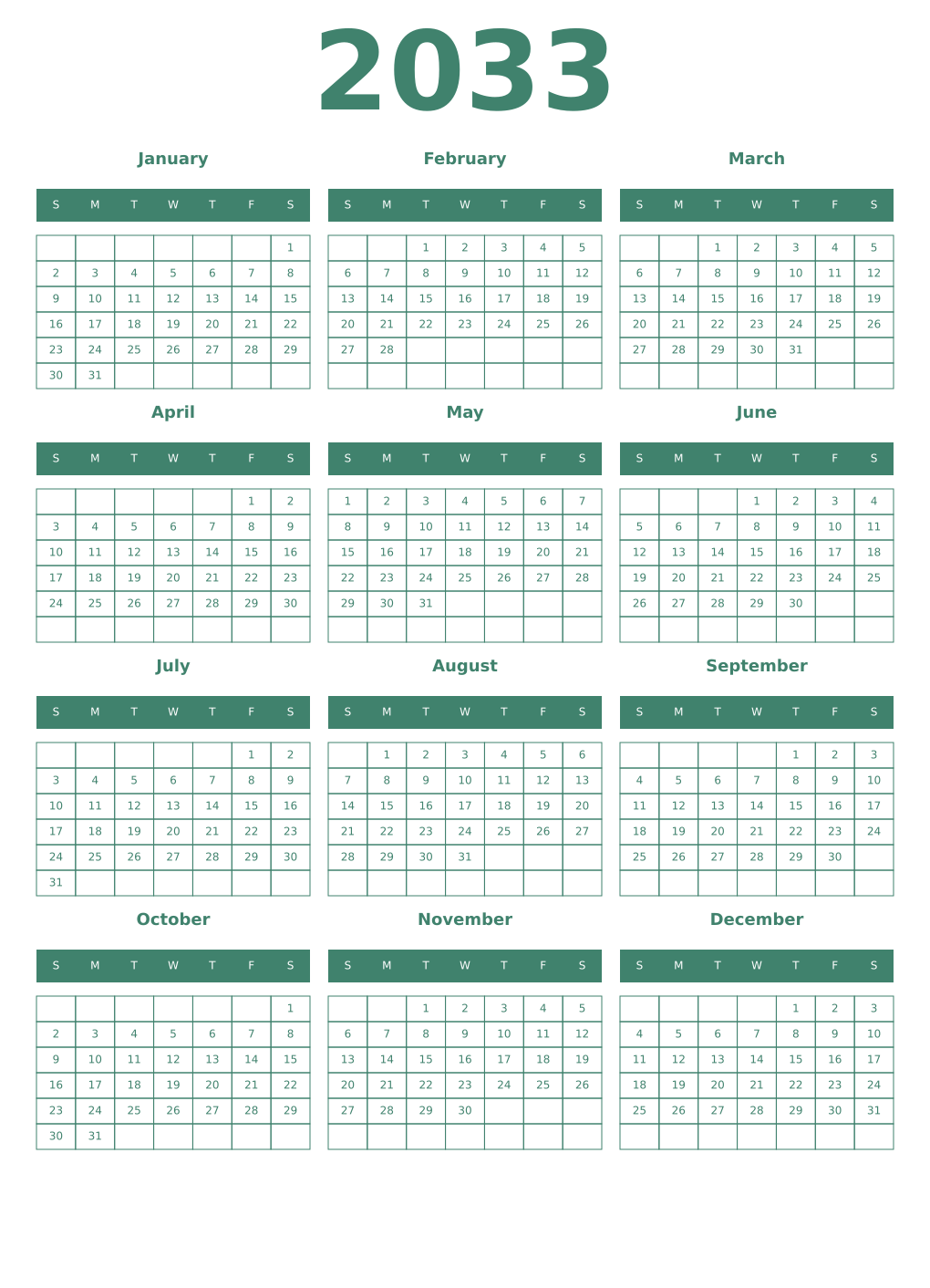 Printable 2033 Year Calendars viridian