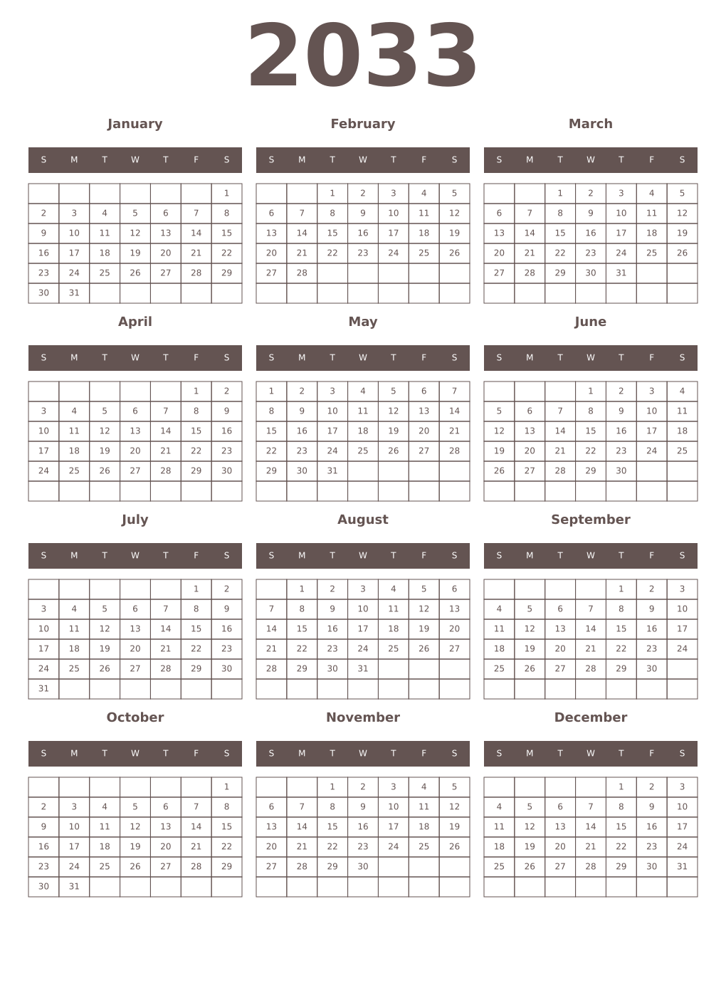 Printable 2033 Year Calendars wenge
