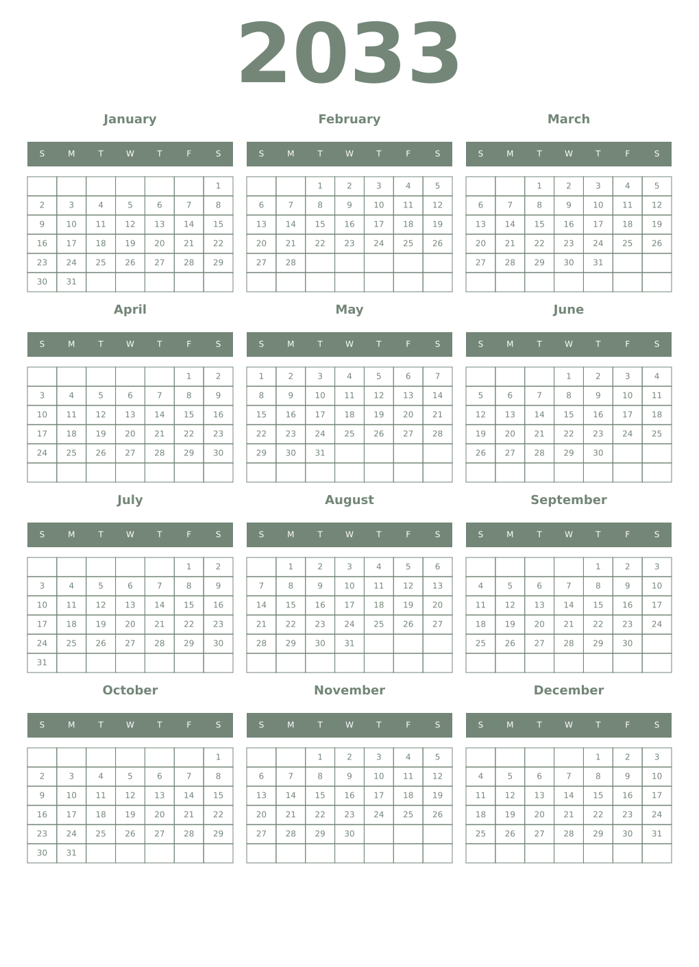Printable 2033 Year Calendars xanadu