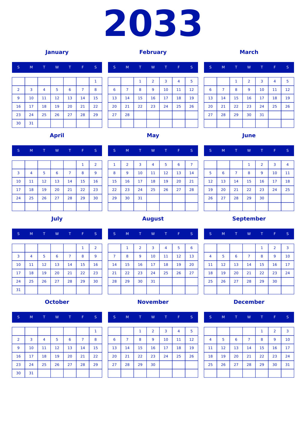 Printable 2033 Year Calendars zaffre