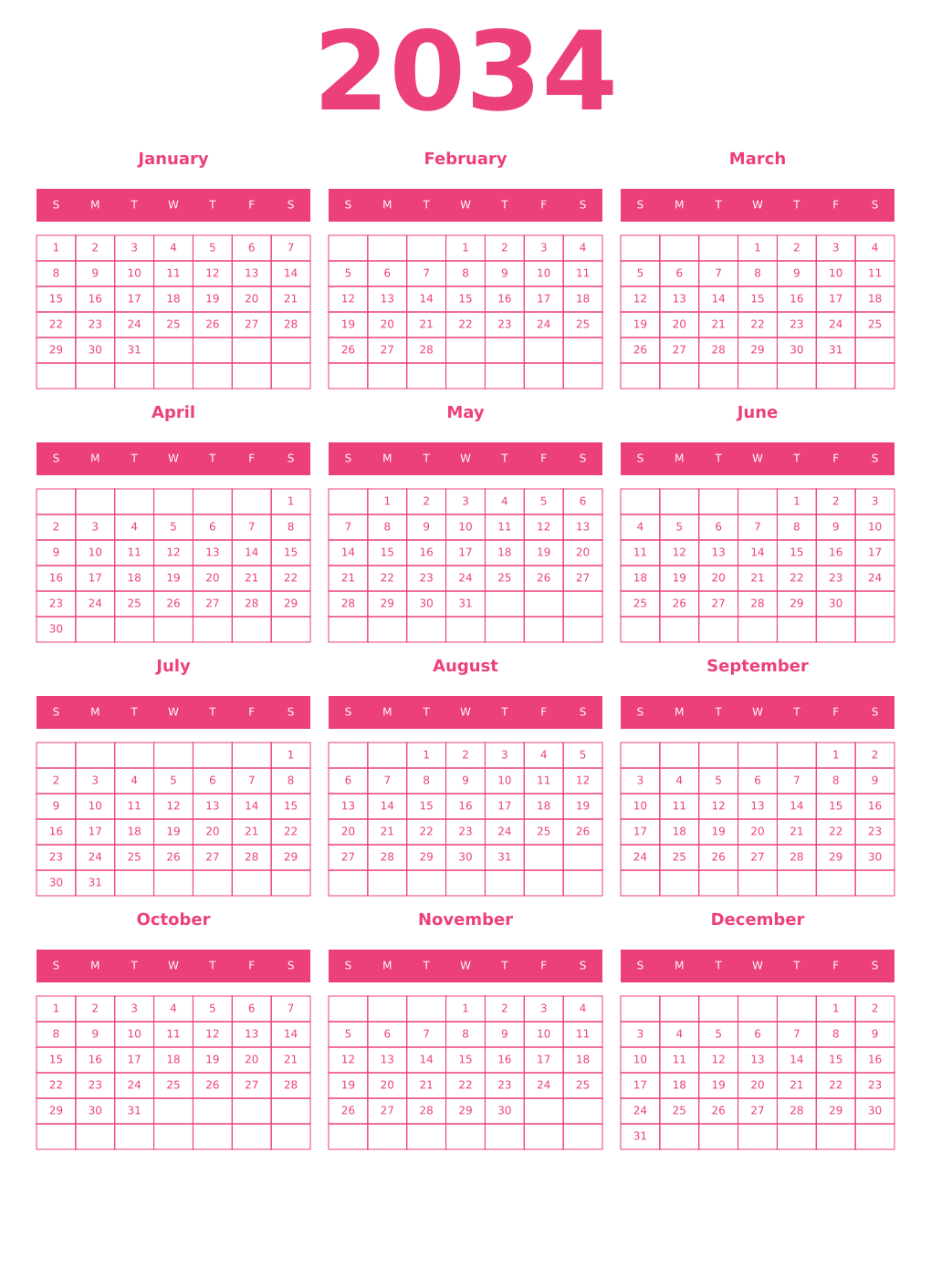 Printable 2034 Calendars