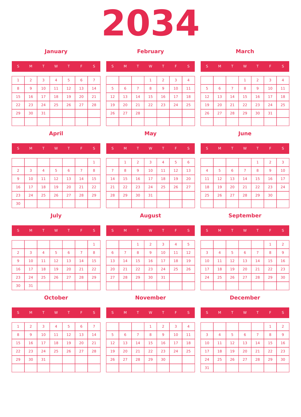 Printable 2034 Year Calendars amaranth