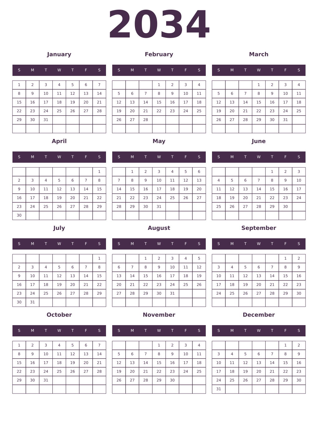 Printable 2034 Year Calendars aubergine