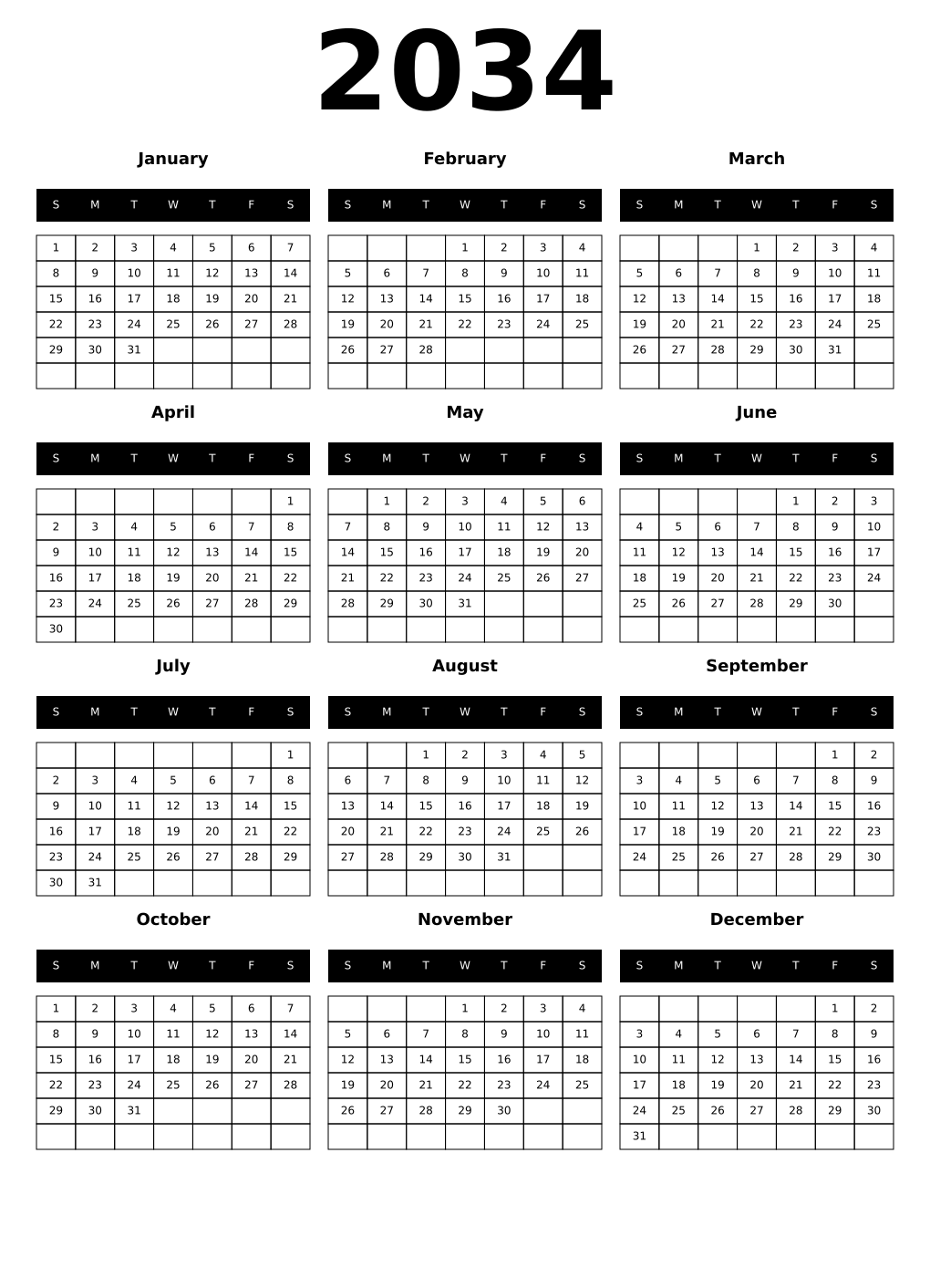Printable 2034 Year Calendars black