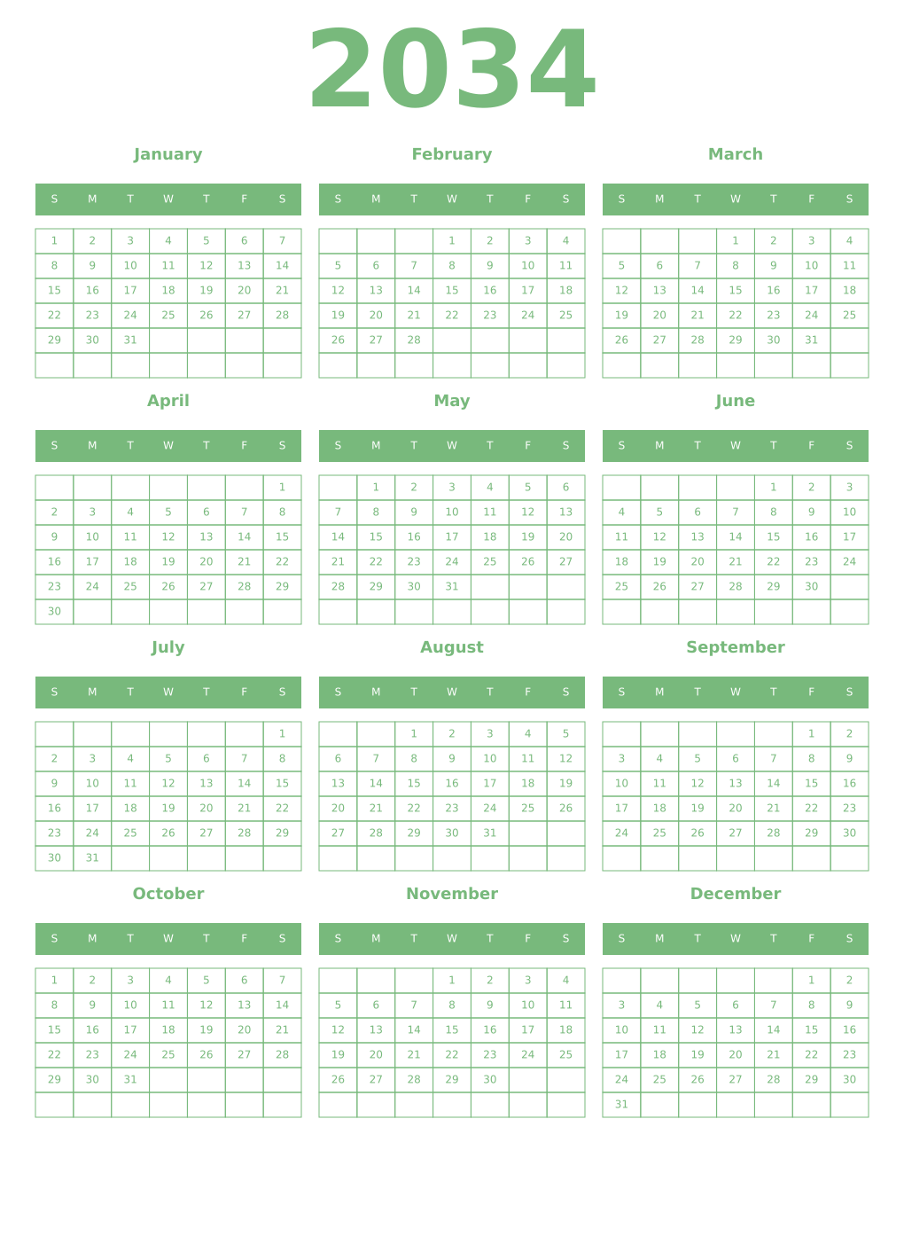 Printable 2034 Year Calendars celadon