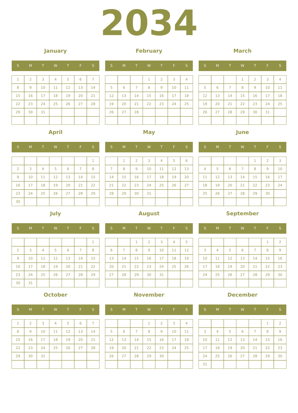 Printable 2034 Year Calendars eburnean