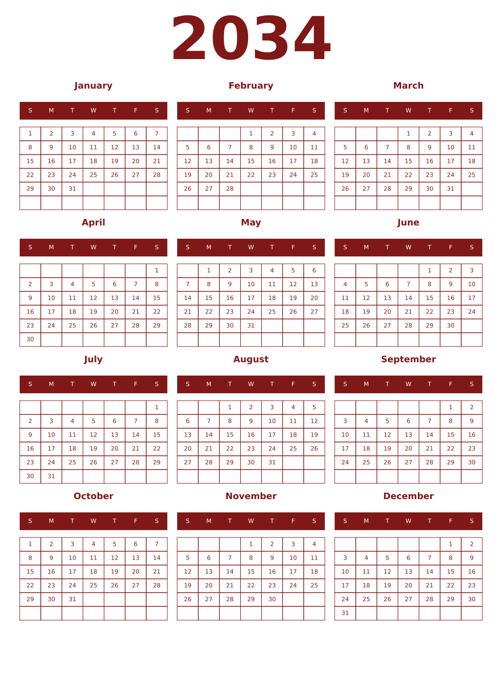 Printable 2034 Year Calendars falu