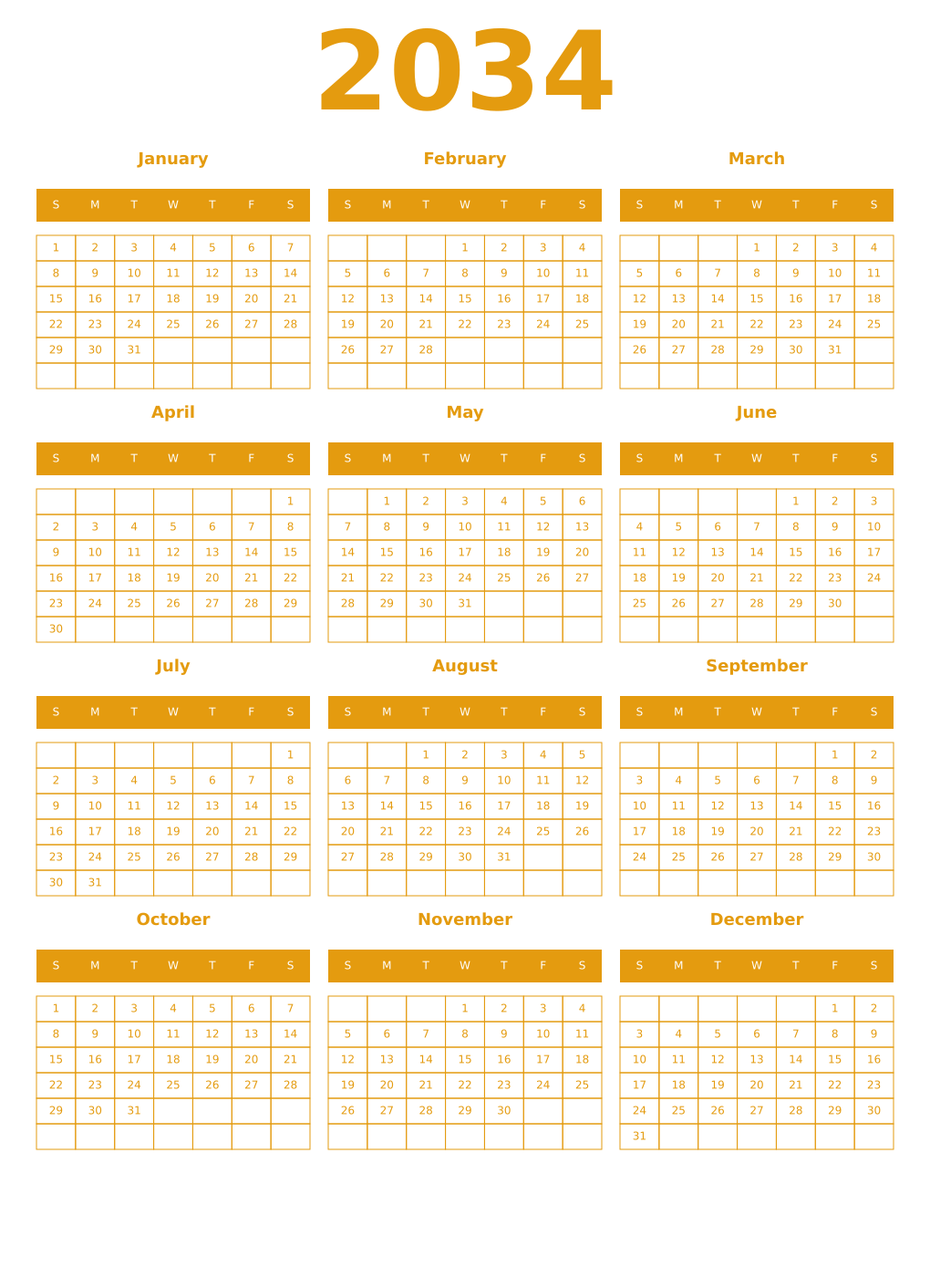 Printable 2034 Year Calendars gamboge