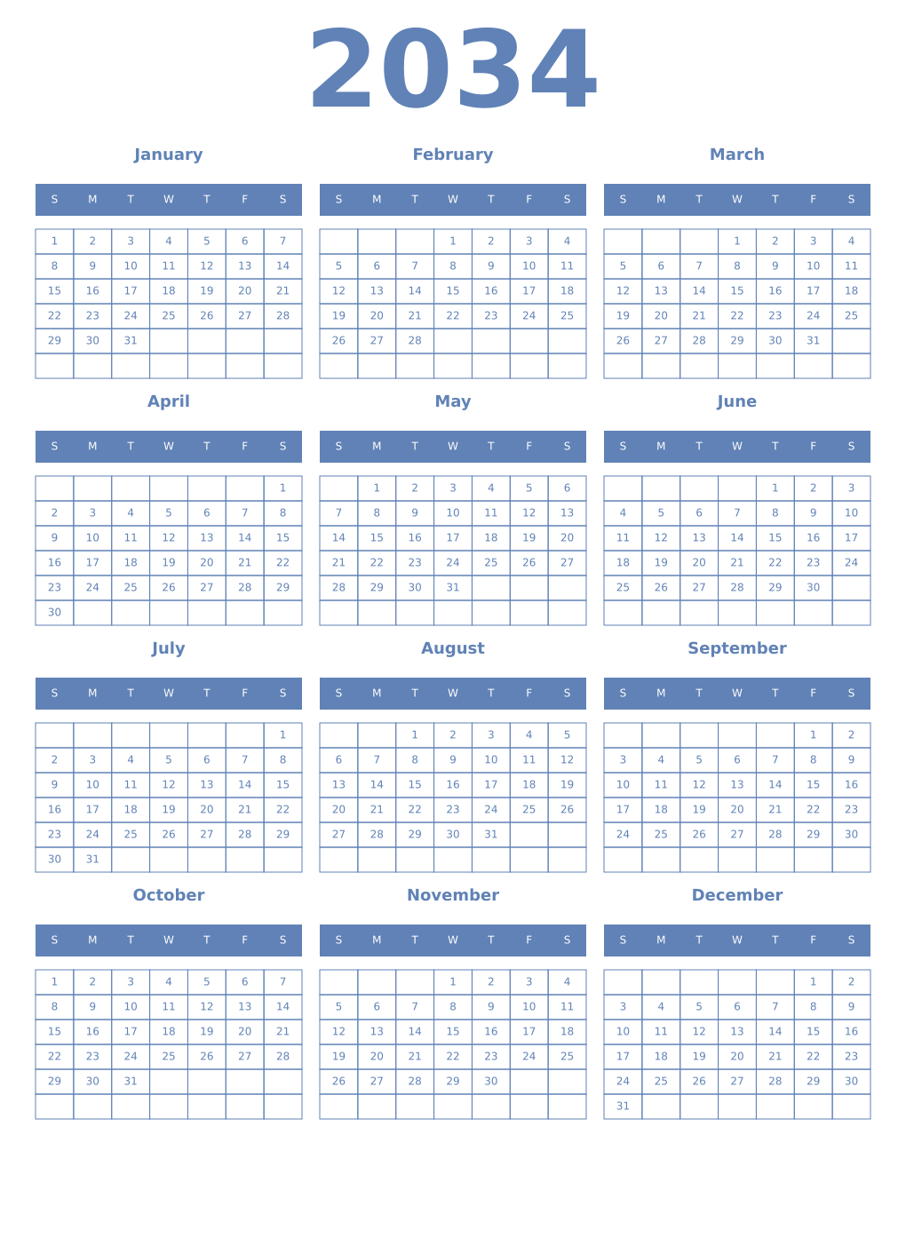 Printable 2034 Year Calendars glaucous