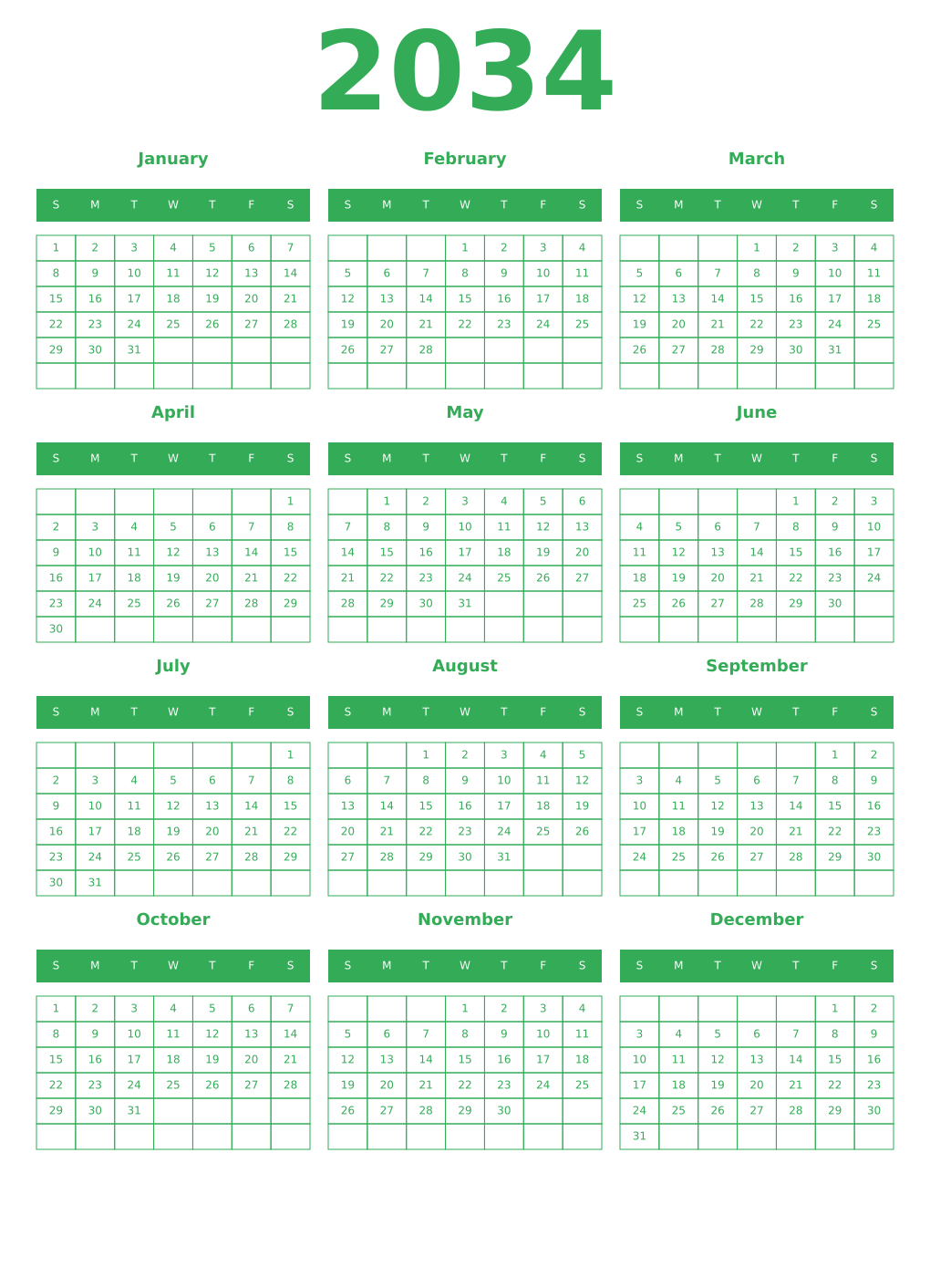 Printable 2034 Year Calendars green