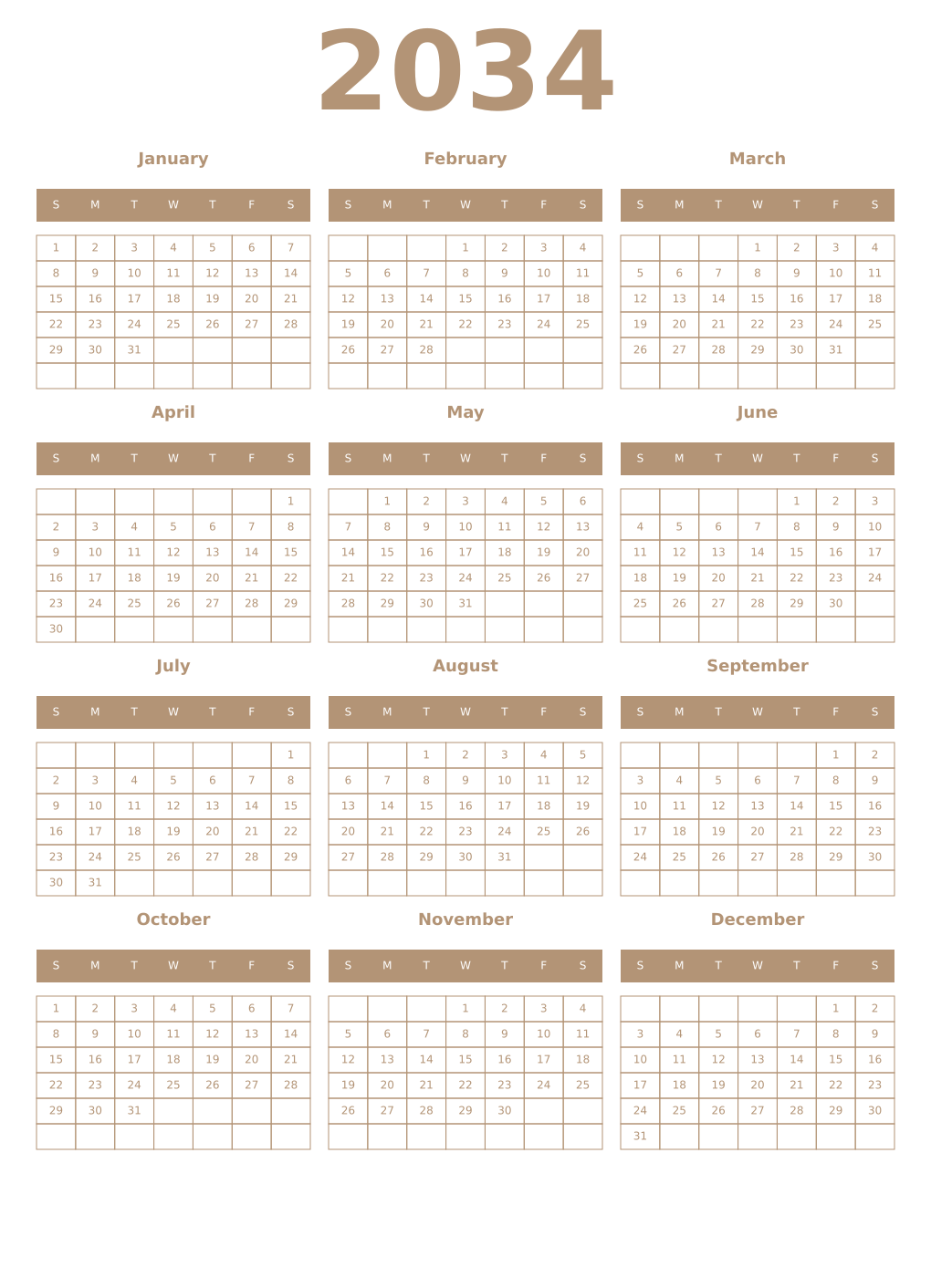 Printable 2034 Year Calendars isabelline