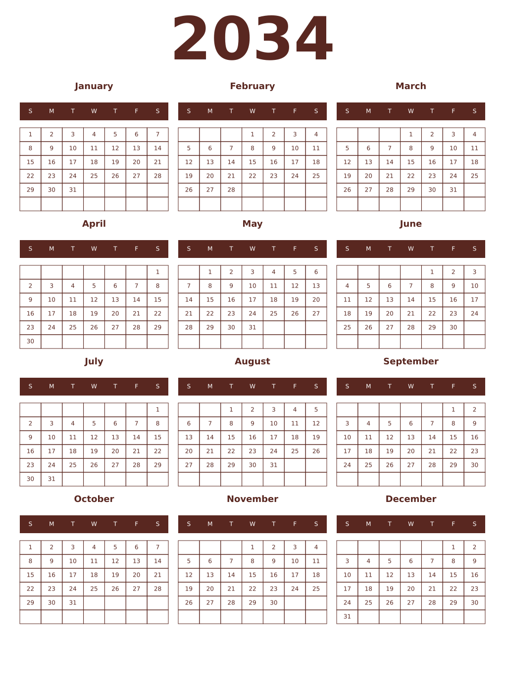Printable 2034 Year Calendars mortuum