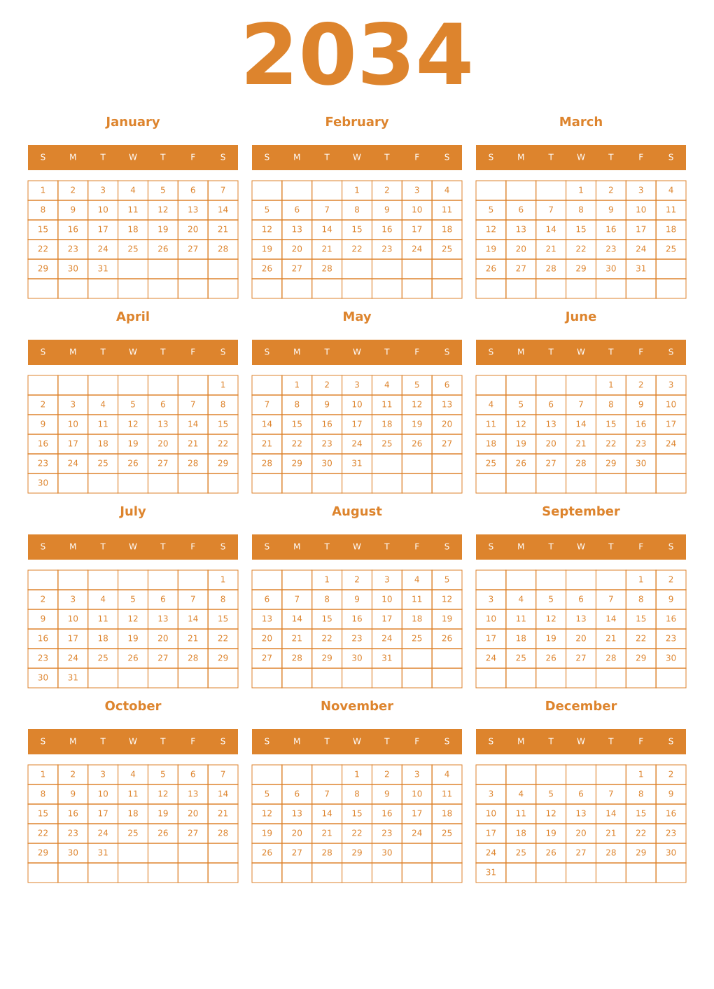 Printable 2034 Year Calendars orange