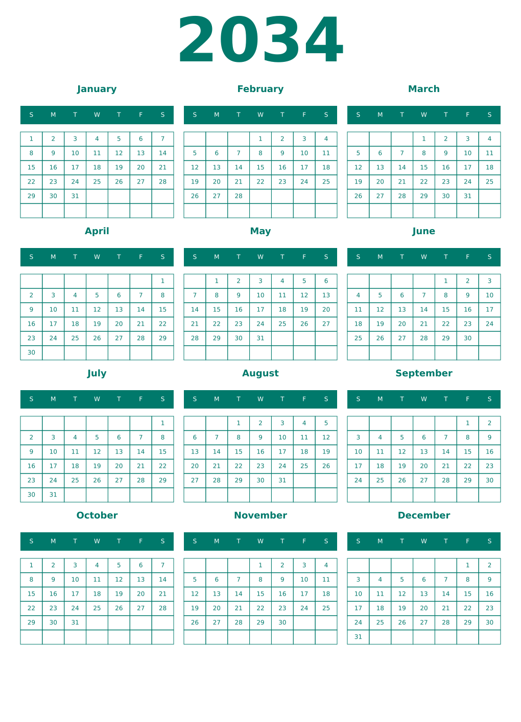 Printable 2034 Year Calendars pastel
