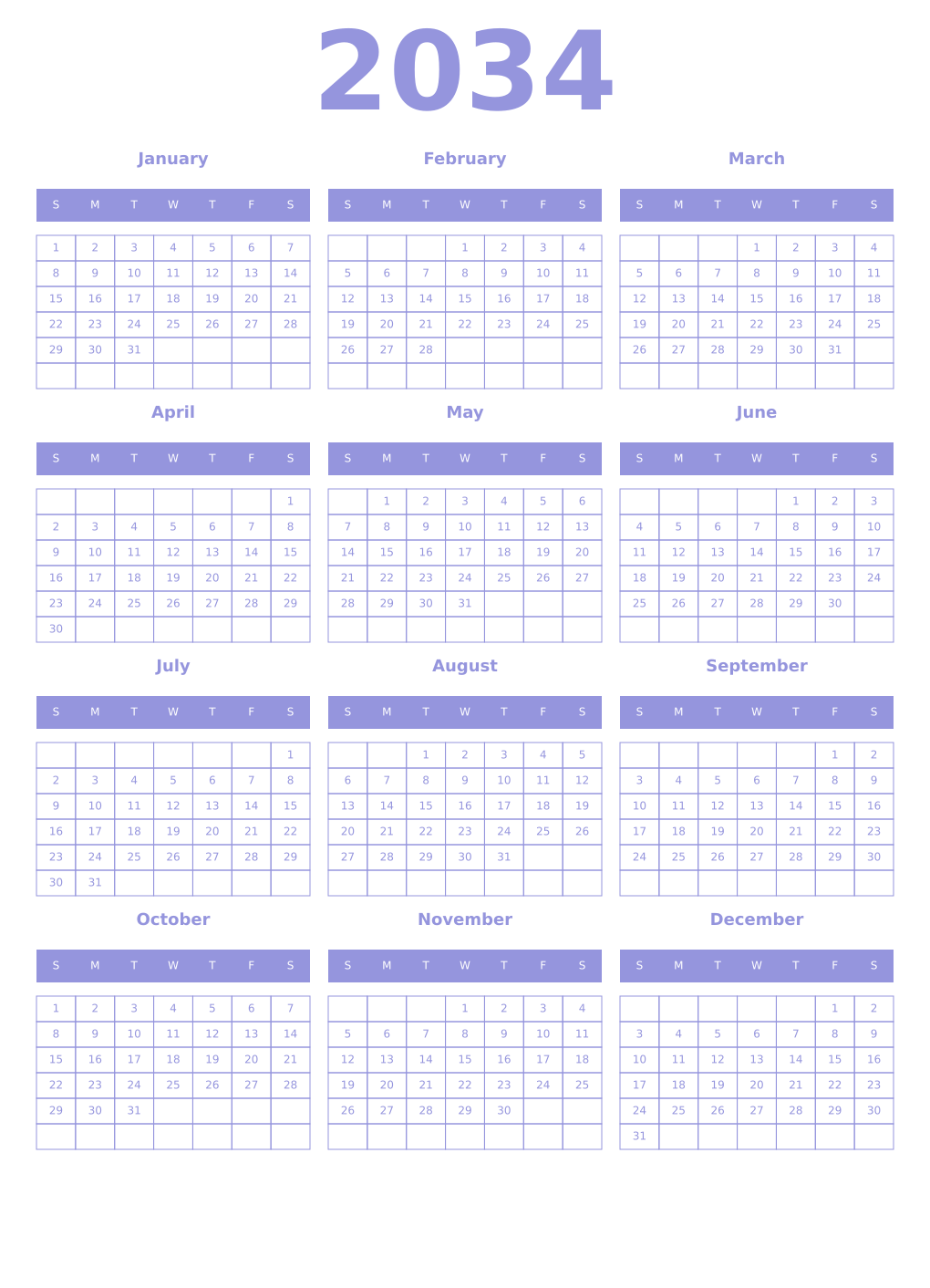Printable 2034 Year Calendars periwinkle