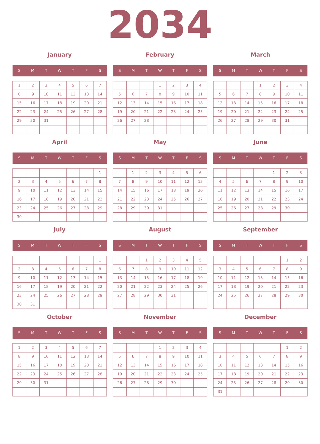 Printable 2034 Year Calendars puce