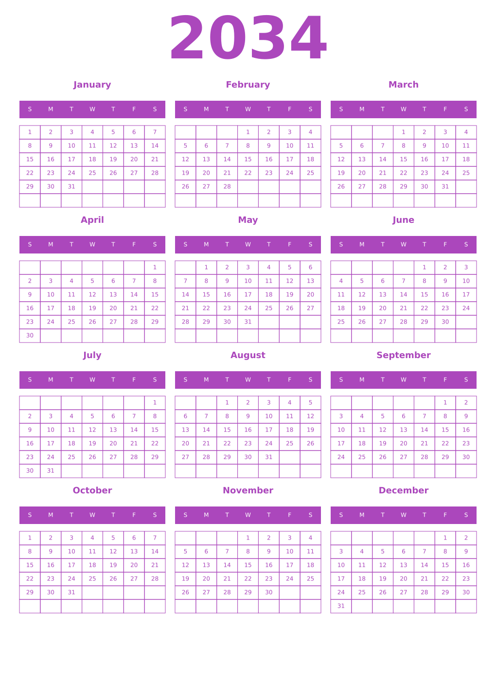 Printable 2034 Year Calendars purple