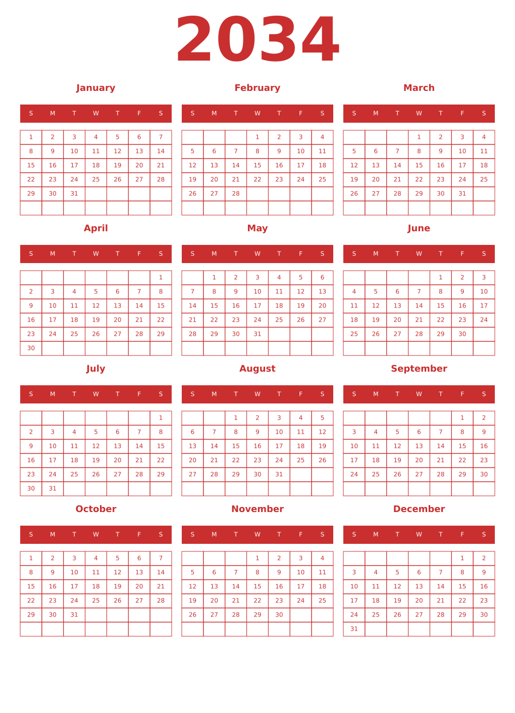 Printable 2034 Year Calendars red