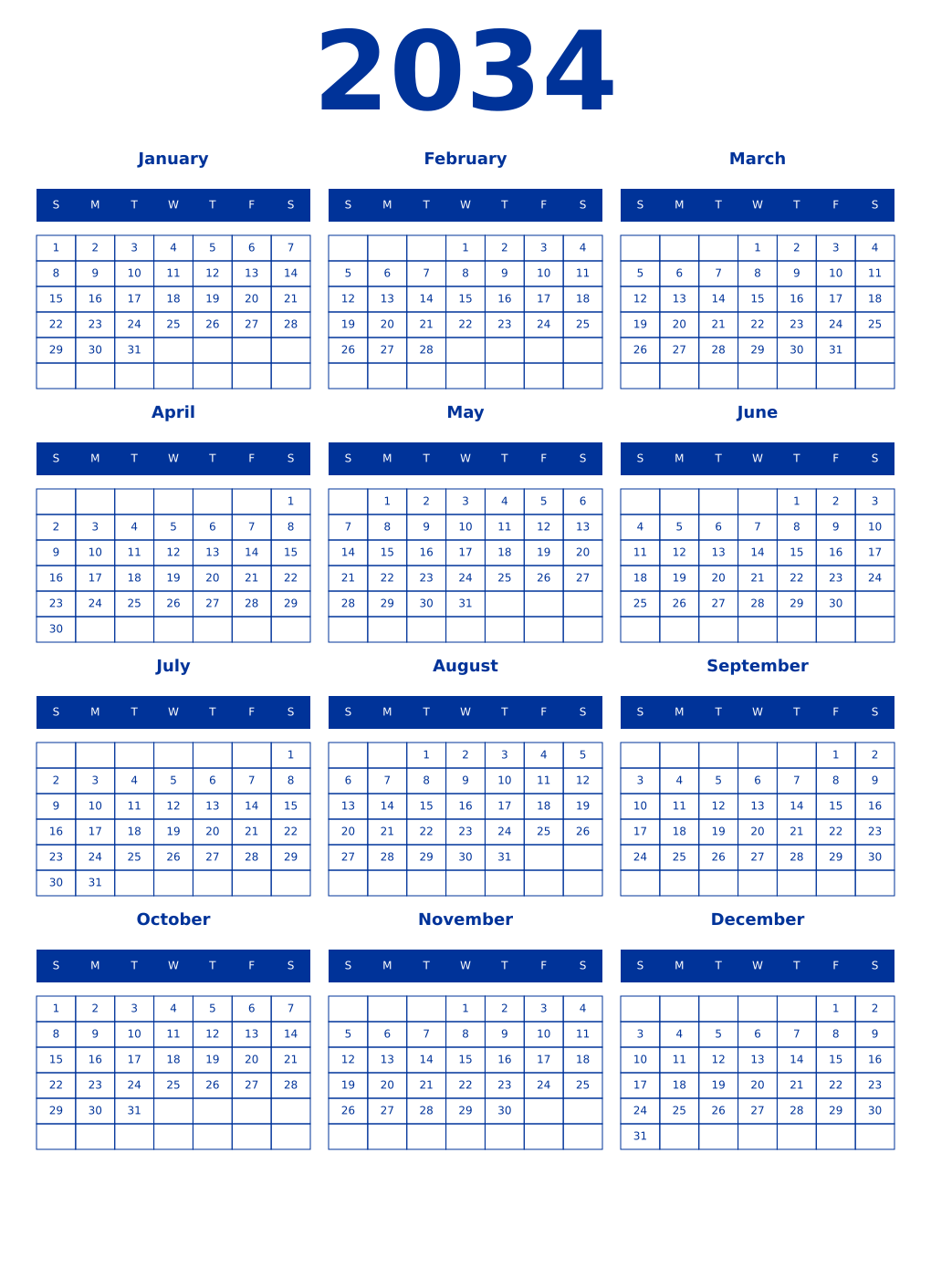 Printable 2034 Year Calendars smalt