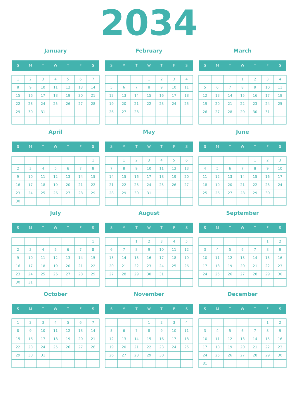 Printable 2034 Year Calendars verdigris