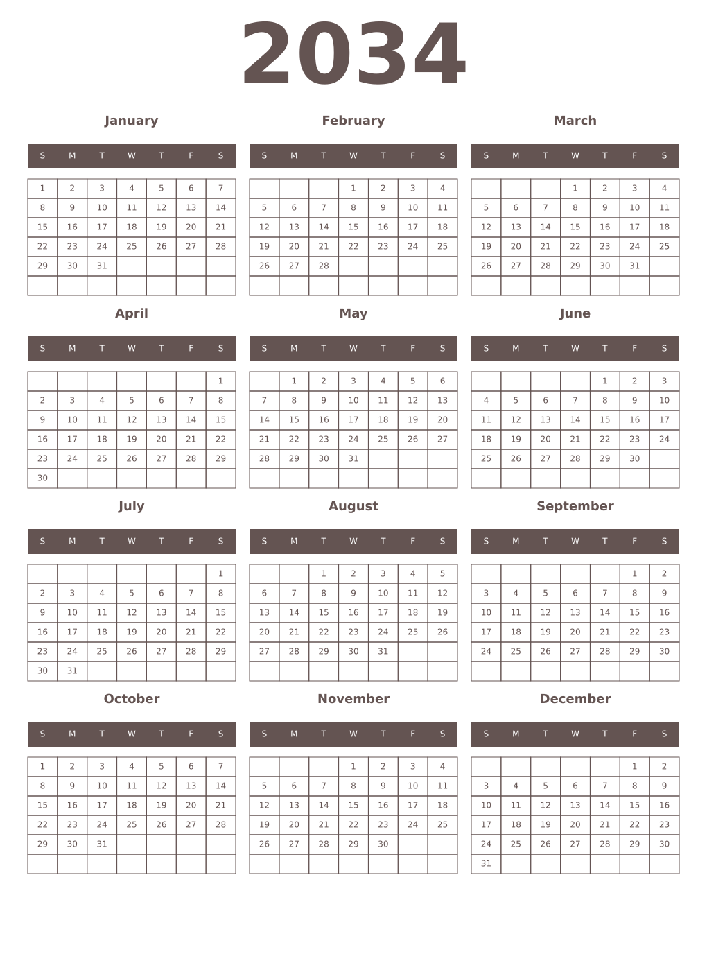 Printable 2034 Year Calendars wenge