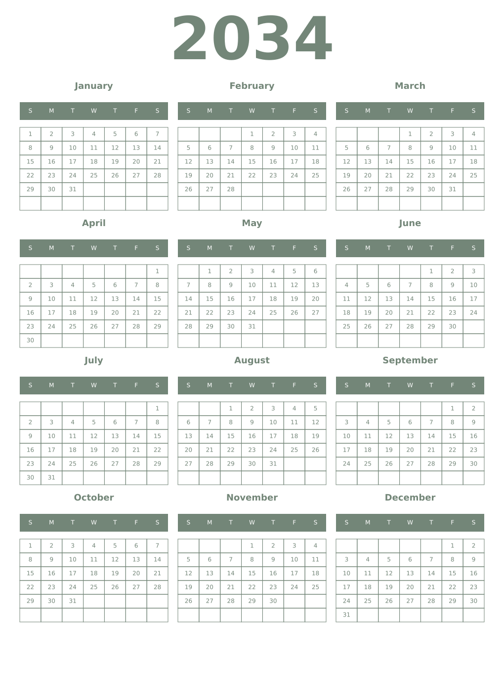 Printable 2034 Year Calendars xanadu