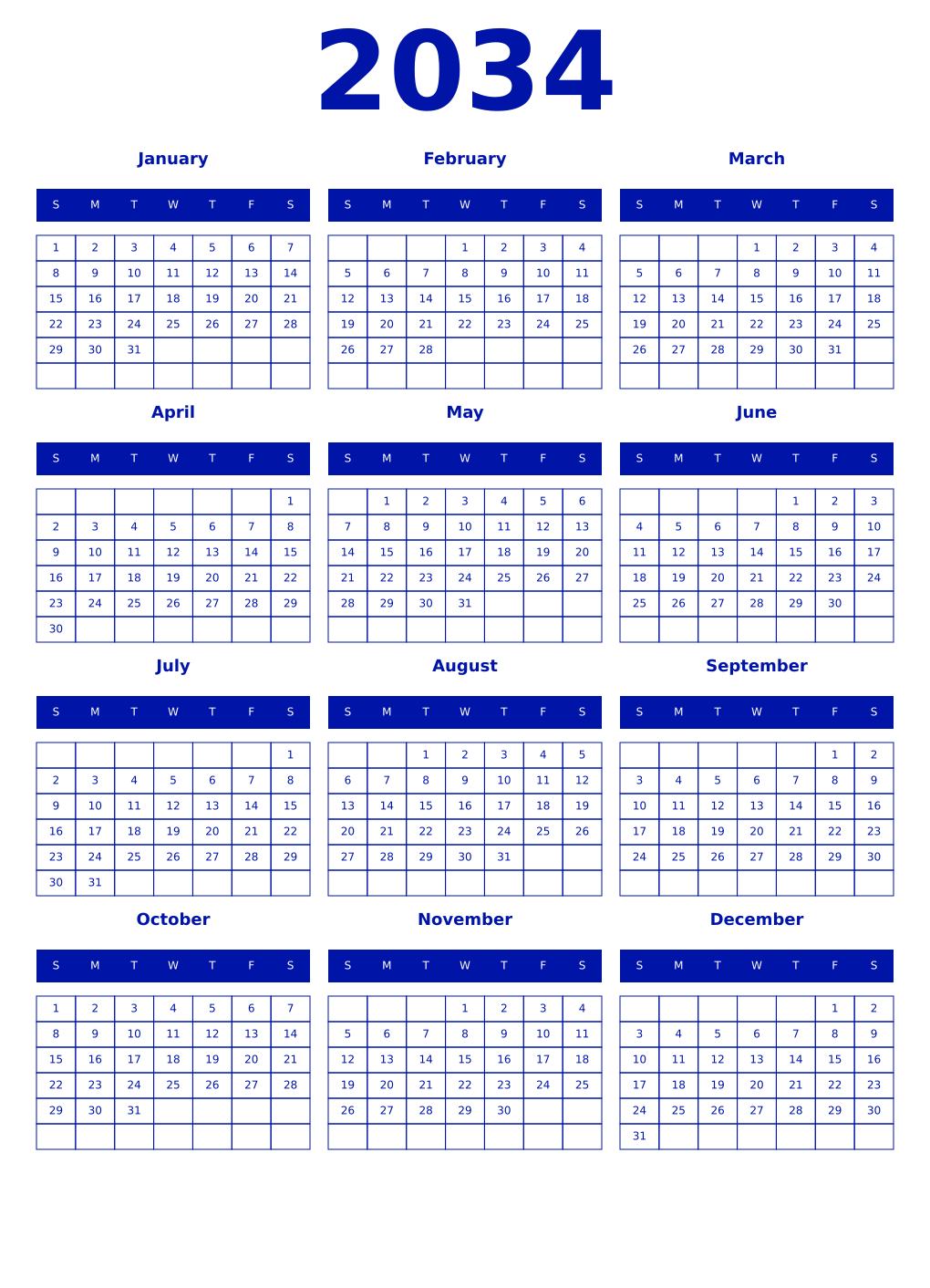 Printable 2034 Year Calendars zaffre