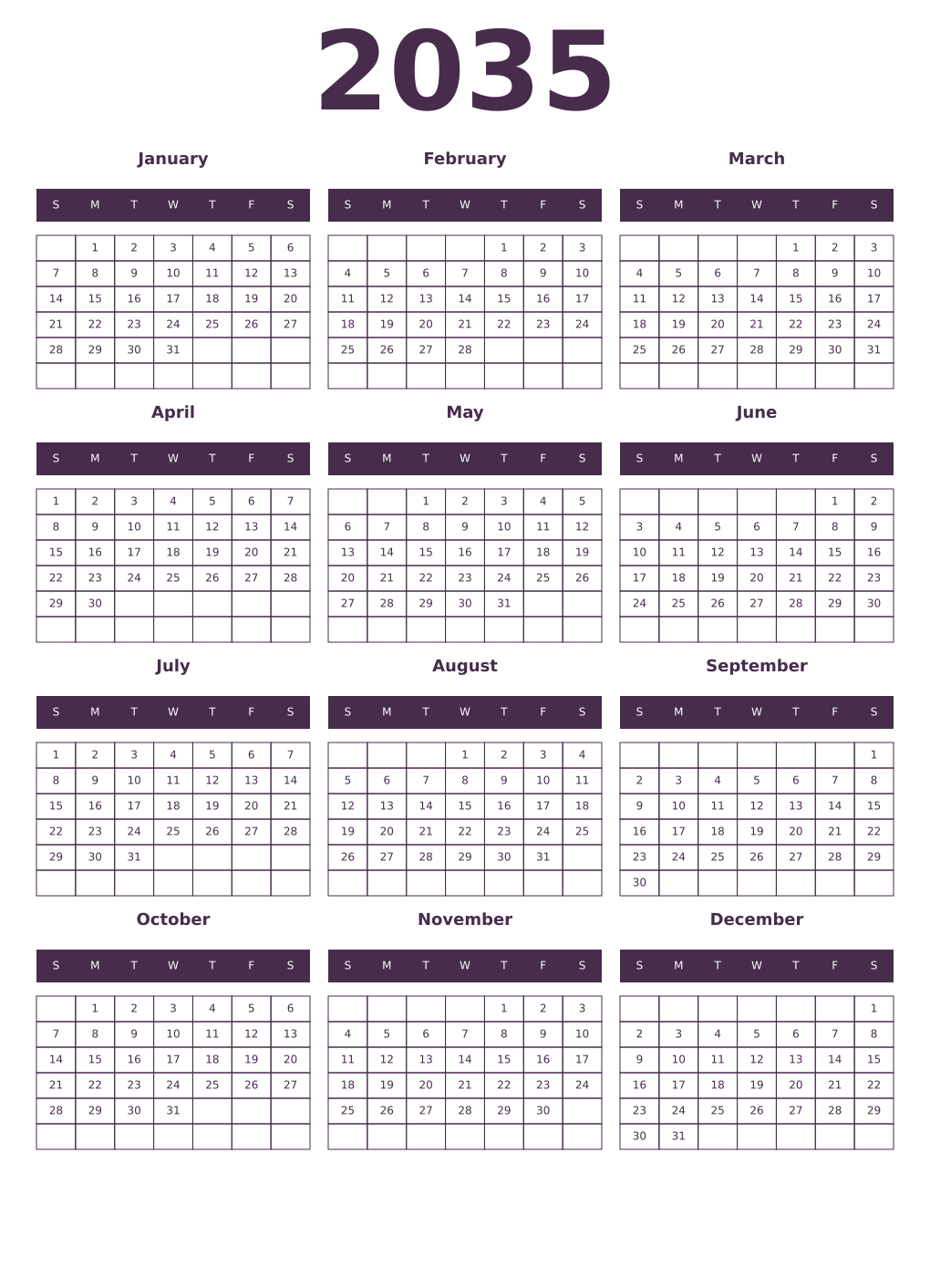 Printable 2035 Year Calendars aubergine