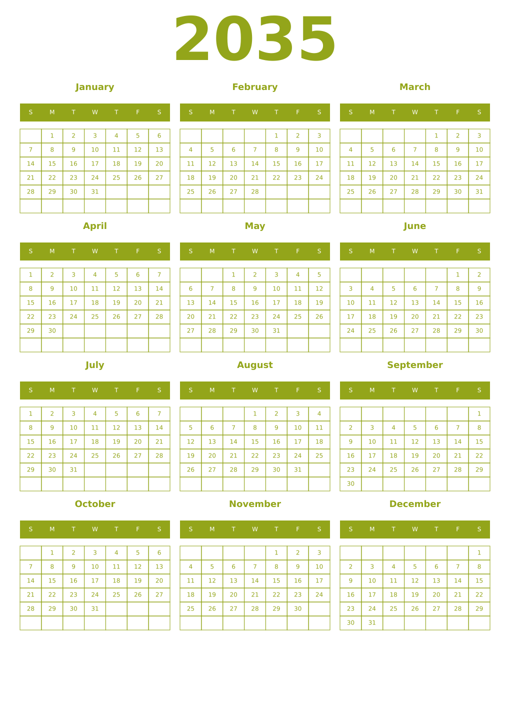 Printable 2035 Year Calendars chartreuse