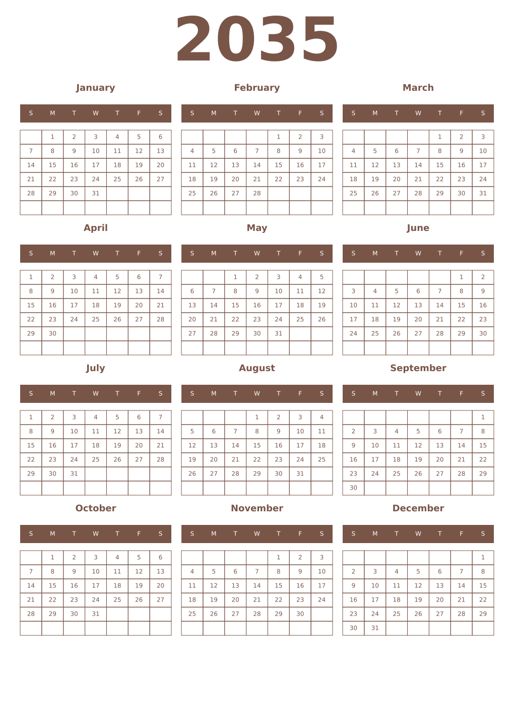 Printable 2035 Year Calendars coffe