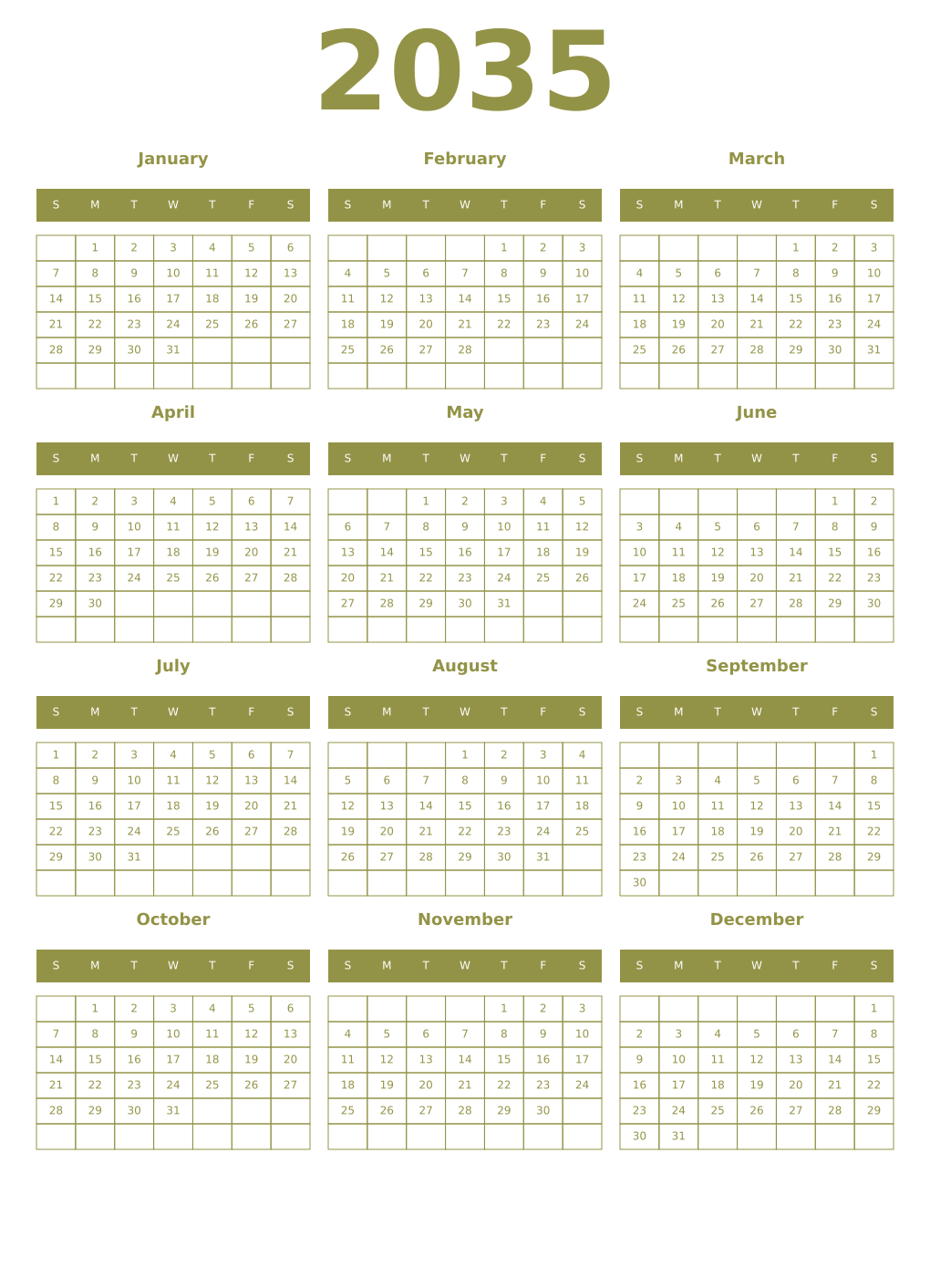 Printable 2035 Year Calendars eburnean