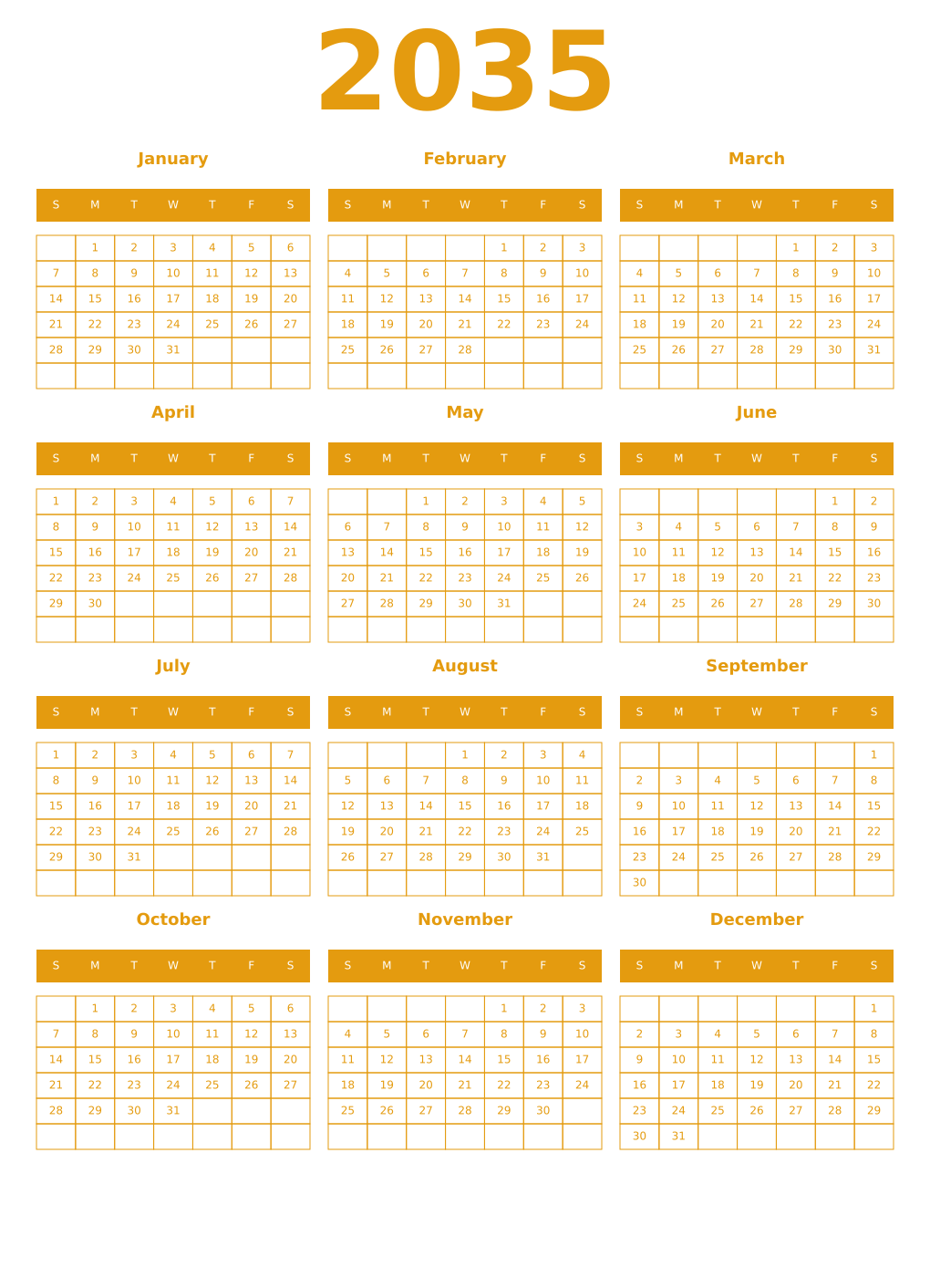 Printable 2035 Year Calendars gamboge