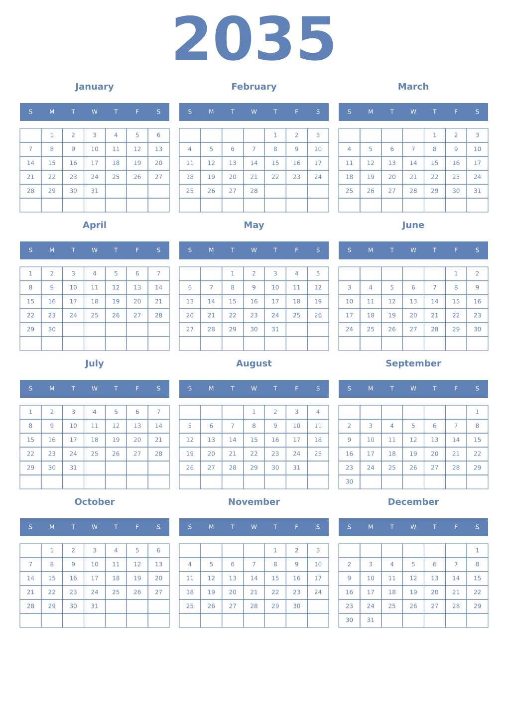 Printable 2035 Year Calendars glaucous