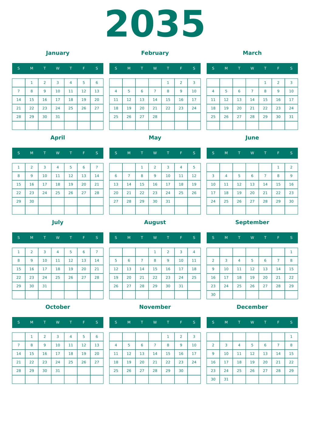 Printable 2035 Year Calendars pastel